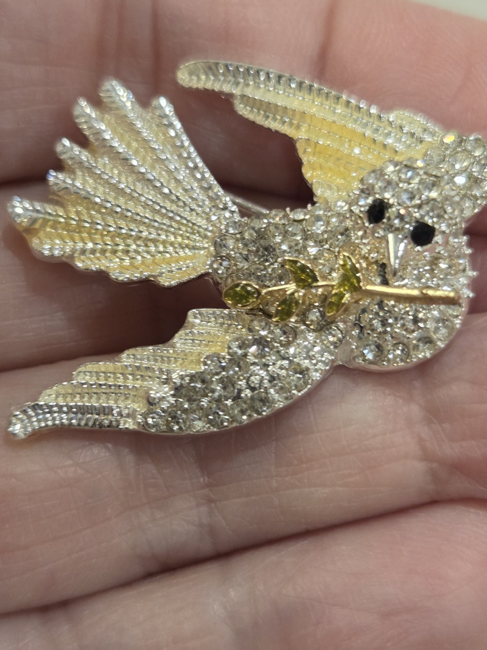 Crystal Dove Brooch in Silver with Olive Branch Accent